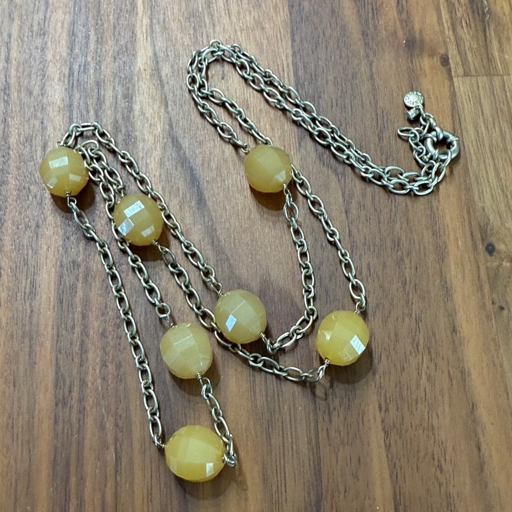J Crew Gold Tone Butter Yellow Beaded Long Statement Necklace Lightweight Boho